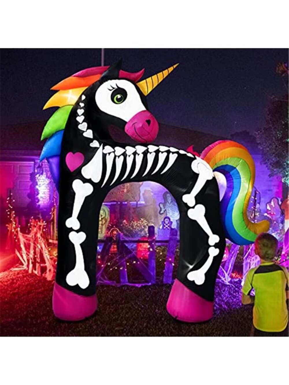 11FT Giant Halloween Inflatables Arch, Rainbow Skeleton Unicorn Decoration